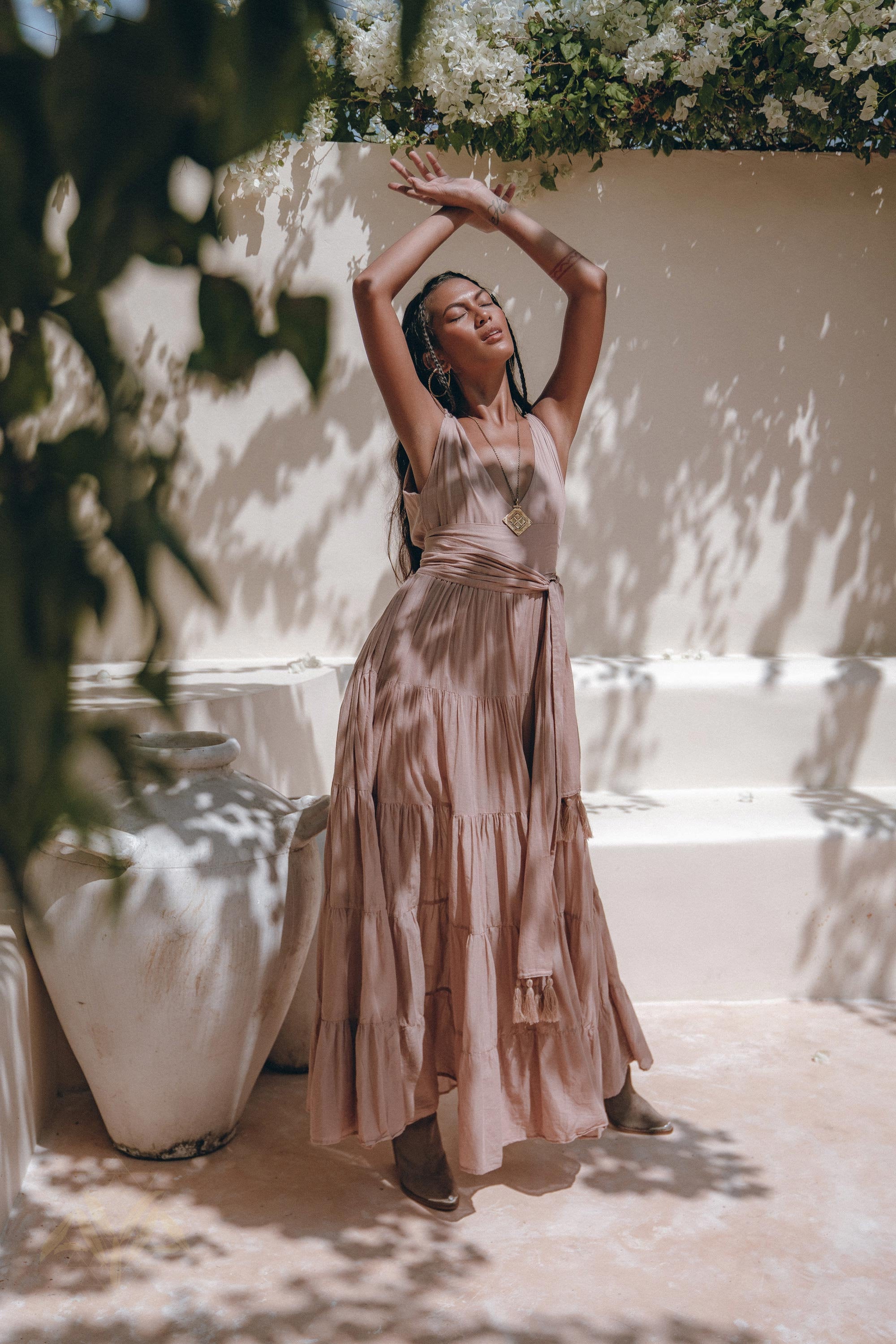 Bohemian Tiered Maxi Dress with Deep V Neck and Tassel Sash
