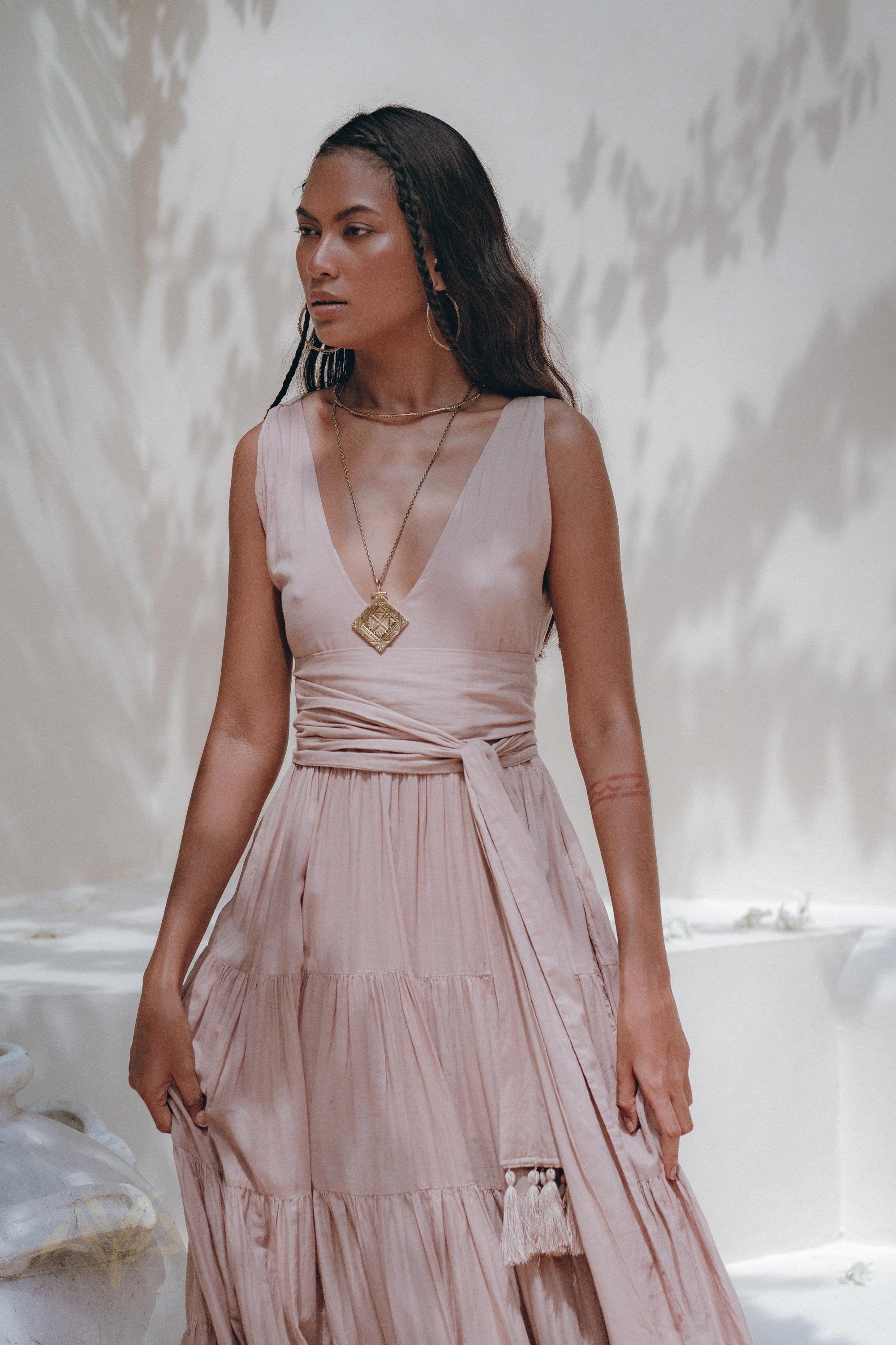 Bohemian Tiered Maxi Dress with Deep V Neck and Tassel Sash