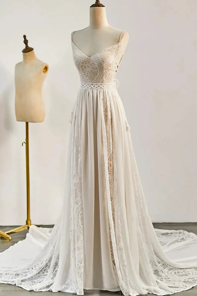 Bohemian Wedding Dresses Lace V Neck Long Beach Bridal Gown