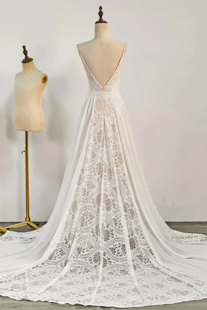 Bohemian Wedding Dresses Lace V Neck Long Beach Bridal Gown
