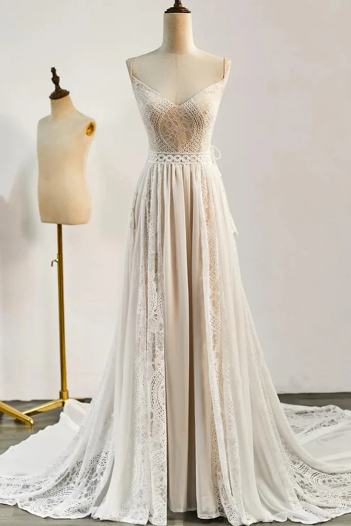 Bohemian Wedding Dresses Lace V Neck Long Beach Bridal Gown