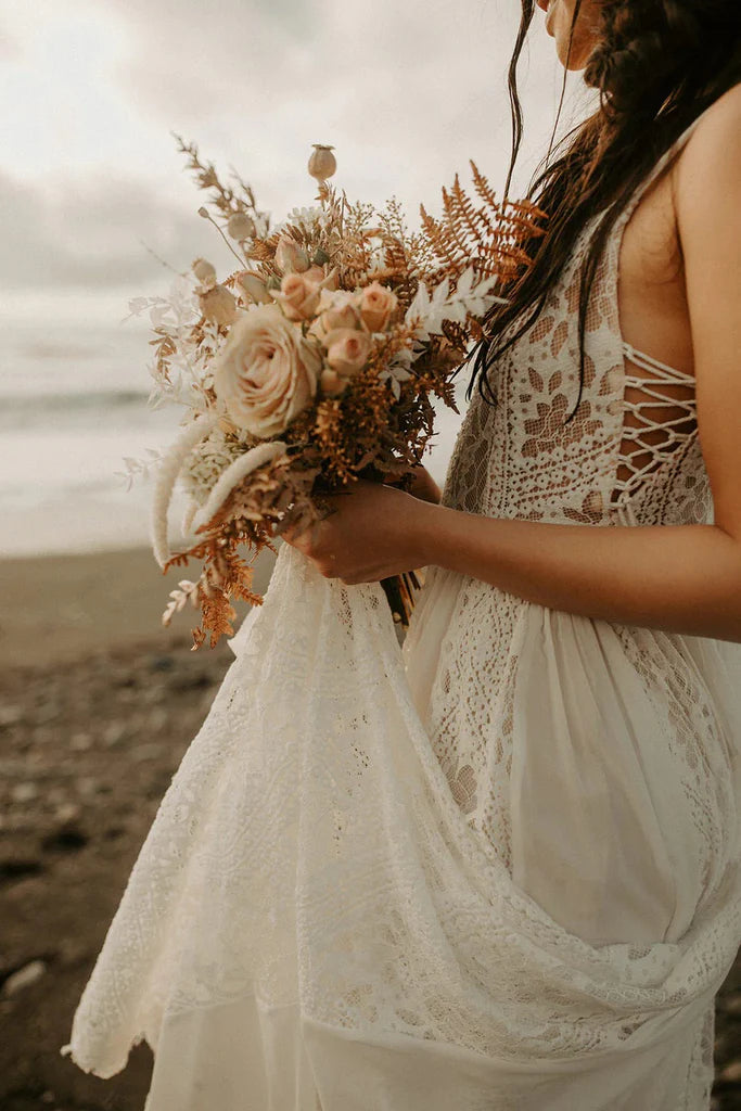 Bohemian Wedding Dresses Lace V Neck Long Beach Bridal Gown