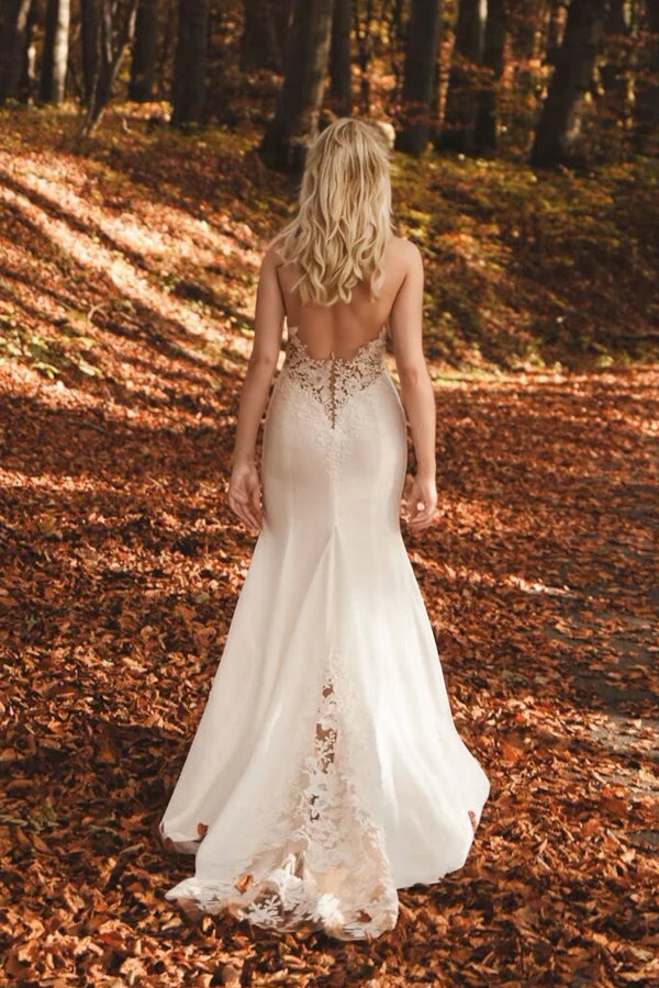 Boho Lace Mermaid Wedding Dress Split Elopement Wedding Dress