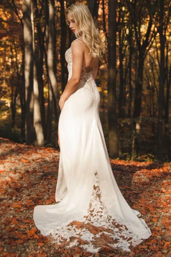 Boho Lace Mermaid Wedding Dress Split Elopement Wedding Dress