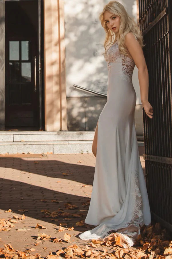 Boho Lace Mermaid Wedding Dress Split Elopement Wedding Dress