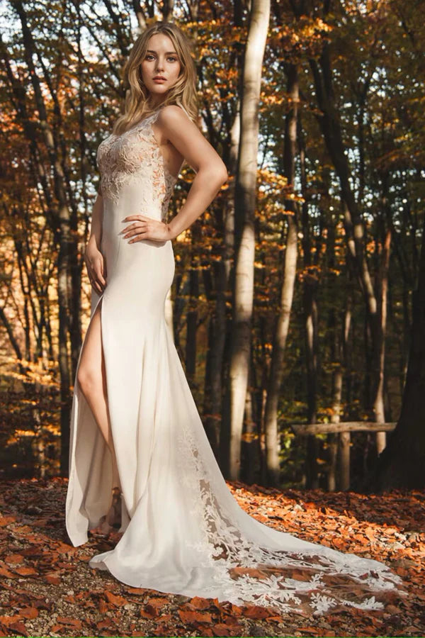 Boho Lace Mermaid Wedding Dress Split Elopement Wedding Dress