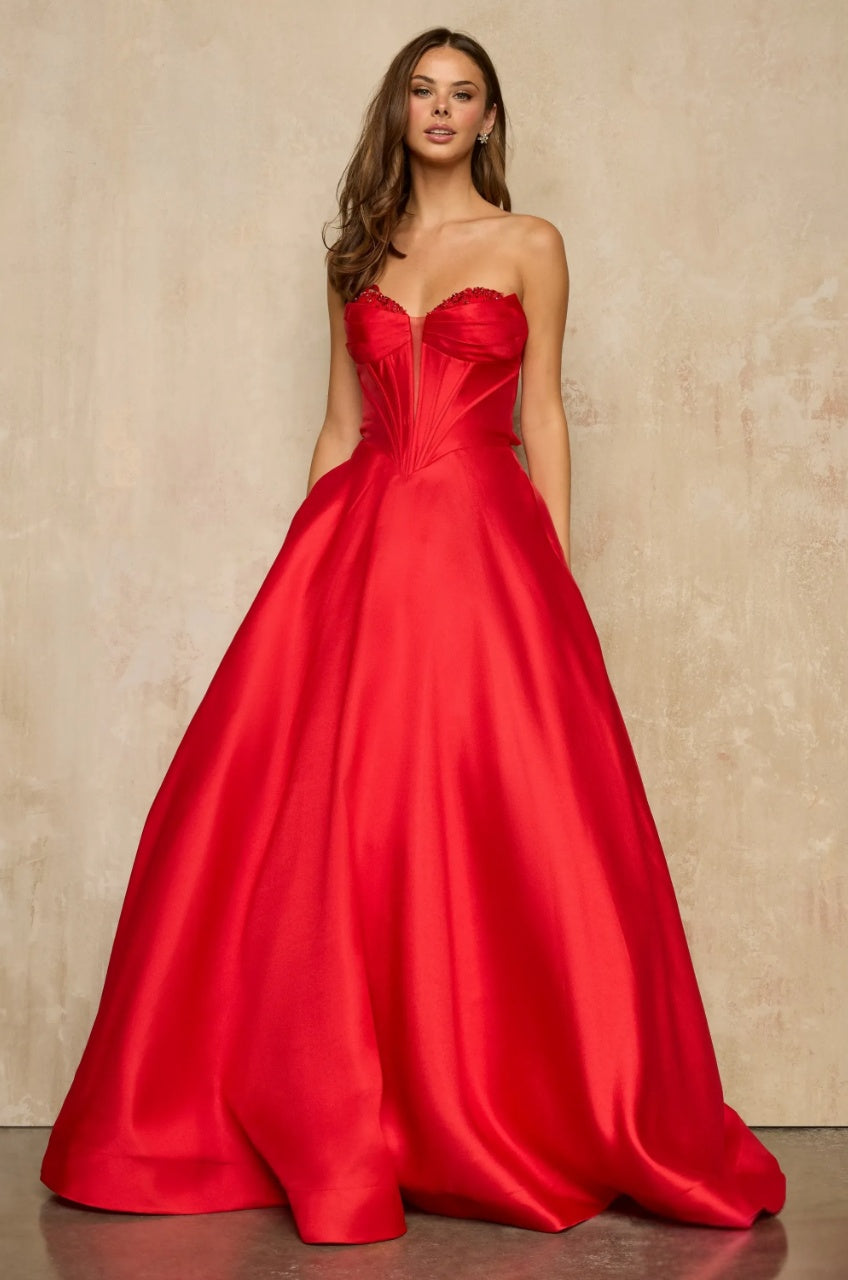 Bold A-Line Strapless Beaded Sweetheart Corset Lace-Up Floor Length Evening Dress