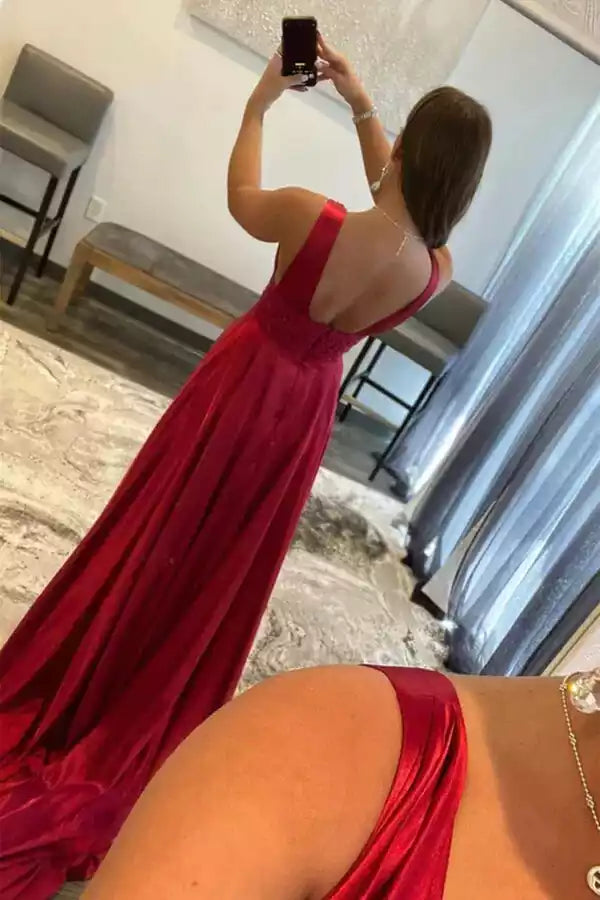 Bold Burgundy Satin A-Line Prom Gown with Lace Bodice & High Slit