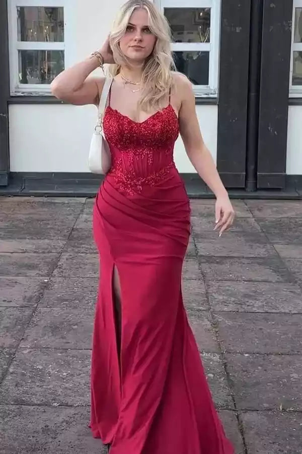 Bold Burgundy Satin Mermaid Prom Gown with Lace Corset Bodice & High Slit