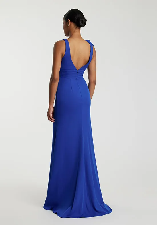 Bold Cobalt Blue Crepe Mermaid V-Neck Bow-Shoulder Floor-Length Bridesmaid Dress