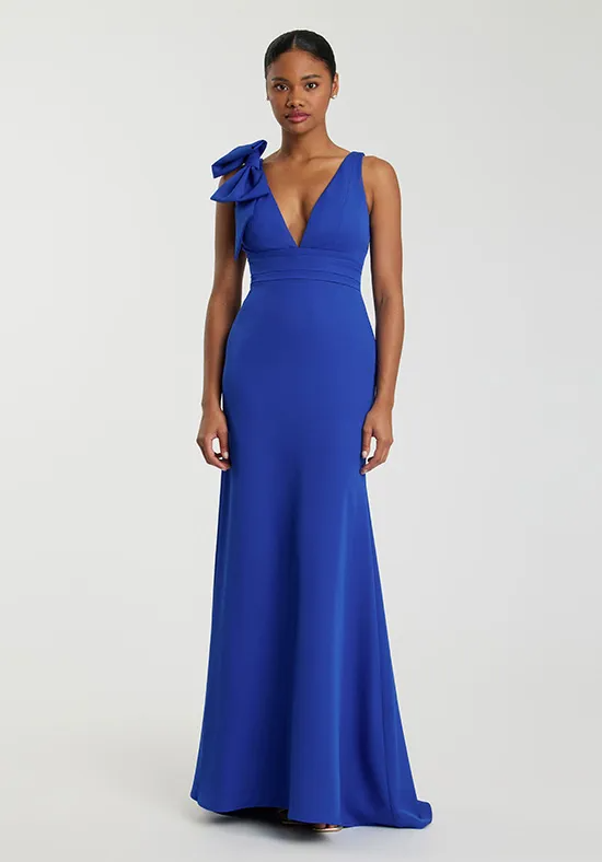 Bold Cobalt Blue Crepe Mermaid V-Neck Bow-Shoulder Floor-Length Bridesmaid Dress