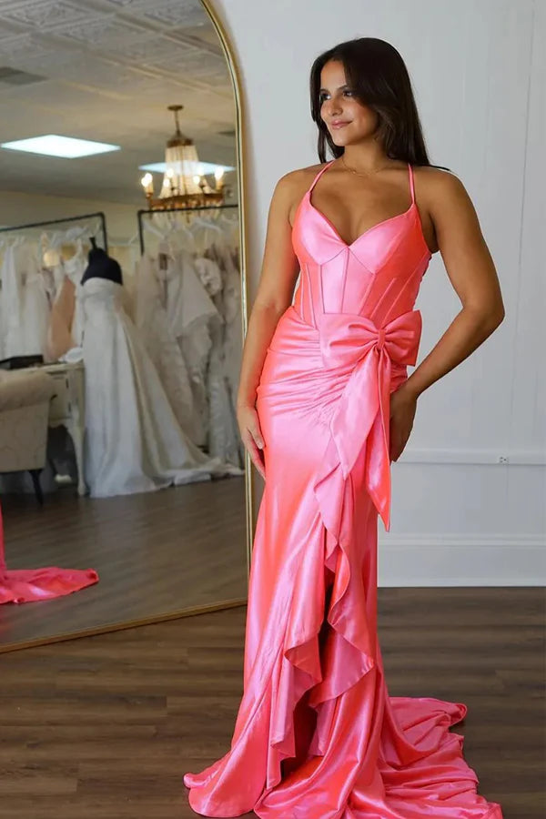 Bold Coral Mermaid Sweetheart Spaghetti-Strap Lace-Up Bow-Detail High-Slit Floor-Length Prom Dress