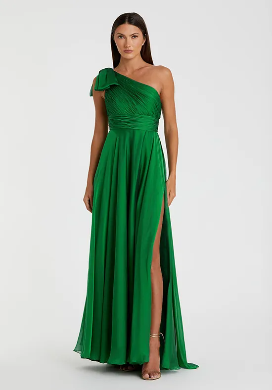 Bold Emerald Green Chiffon A-Line One-Shoulder Floor-Length Bridesmaid Dress with Bow
