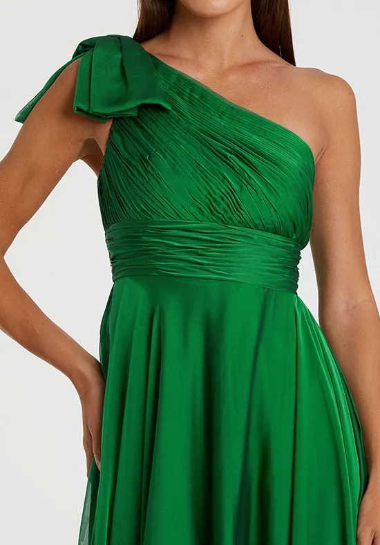 Bold Emerald Green Chiffon A-Line One-Shoulder Floor-Length Bridesmaid Dress with Bow