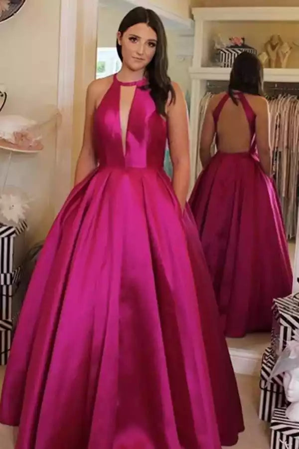 Bold Fuchsia Satin Ball Gown with Halter Keyhole Neck & Open Back