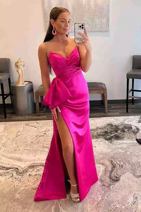 Bold Hot Pink Satin Mermaid Gown with Strapless Sweetheart Neck & Oversized Bow