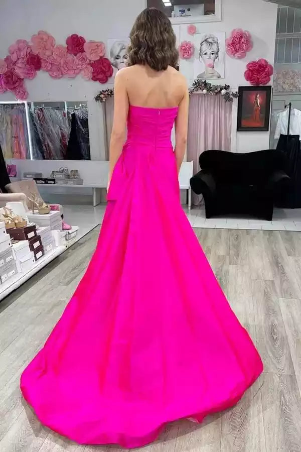 Bold Hot Pink Taffeta A-Line Gown with Strapless Neck & Oversized Bow