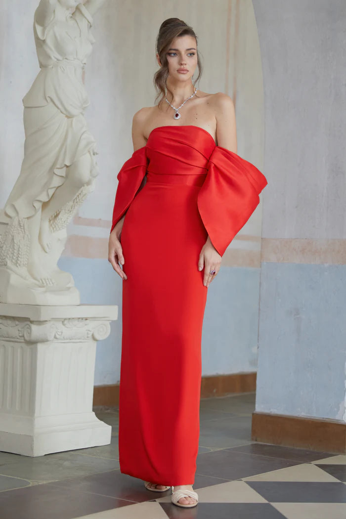 Bold Mermaid Strapless Neck Off The Shoulder Puff Sleeve Floor Length Evening Dress