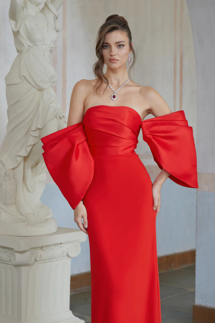 Bold Mermaid Strapless Neck Off The Shoulder Puff Sleeve Floor Length Evening Dress