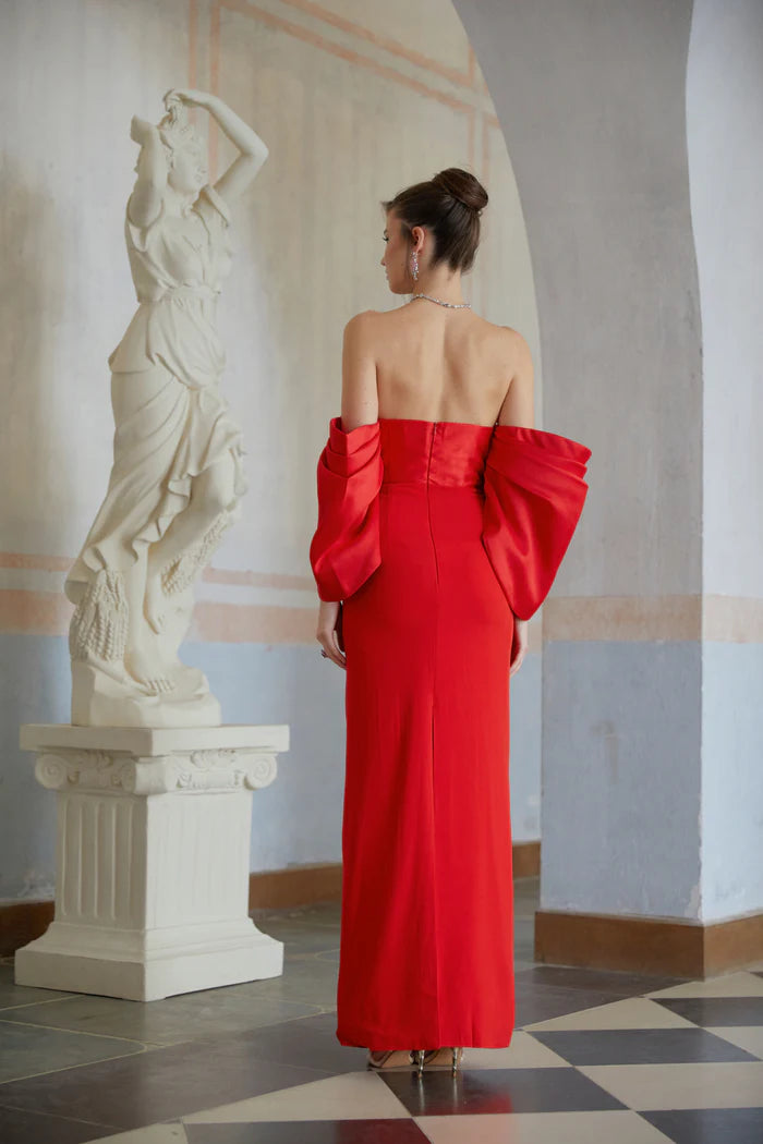 Bold Mermaid Strapless Neck Off The Shoulder Puff Sleeve Floor Length Evening Dress