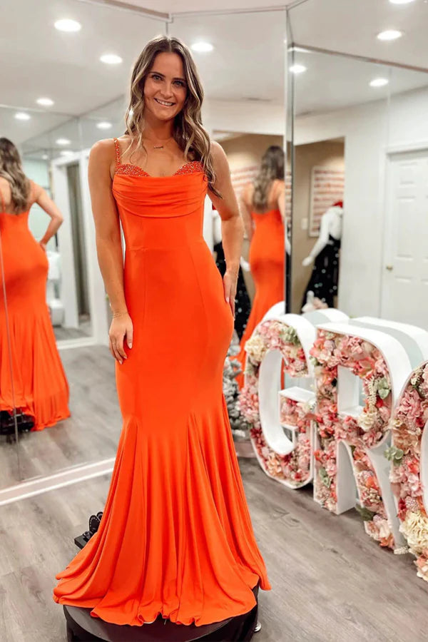 Bold Orange Mermaid Cowl-Neck Beaded-Strap Floor-Length Prom Dress