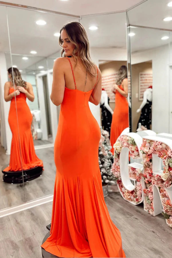 Bold Orange Mermaid Cowl-Neck Beaded-Strap Floor-Length Prom Dress