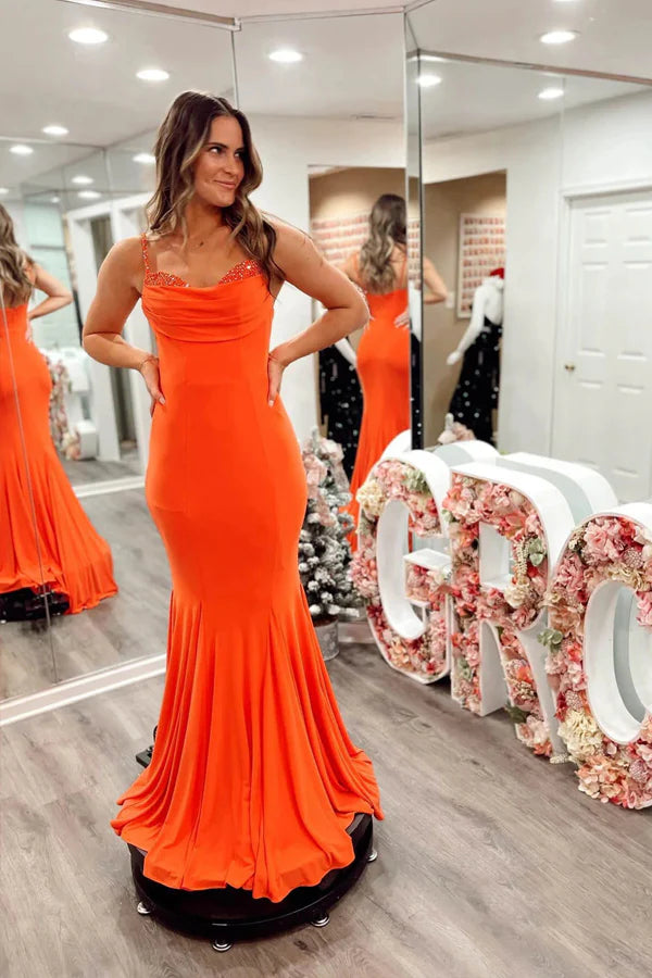 Bold Orange Mermaid Cowl-Neck Beaded-Strap Floor-Length Prom Dress