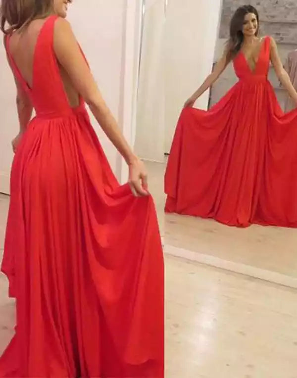 Bold Red Chiffon A-Line Gown with Plunge V-Neck & Open Back