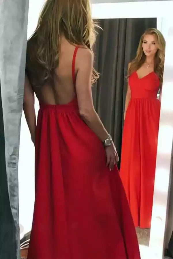Bold Red Chiffon A-Line Gown with Plunge V-Neck & Open Back