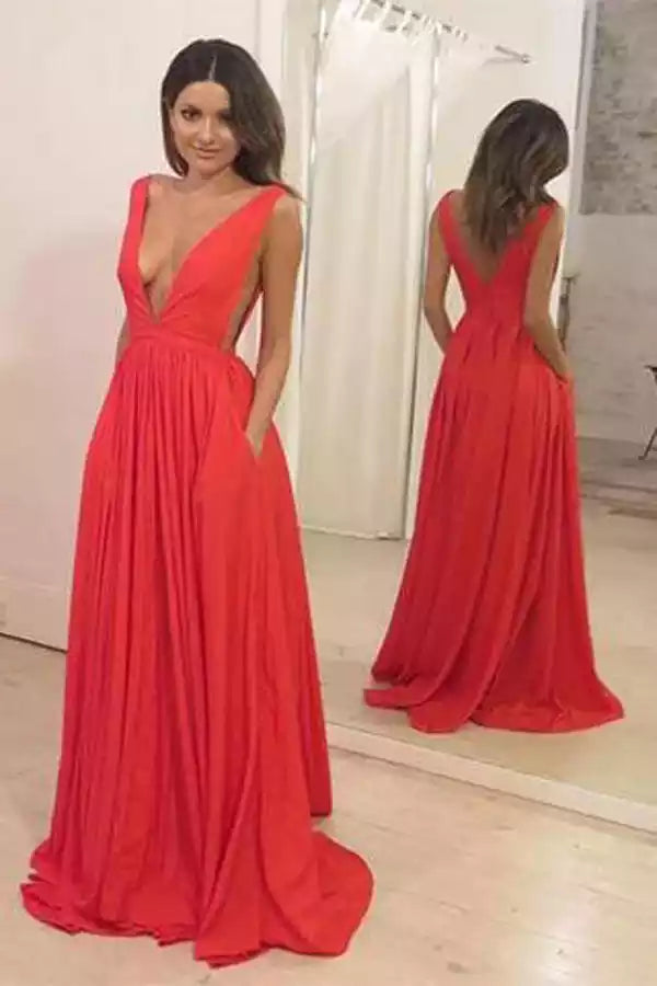 Bold Red Chiffon A-Line Gown with Plunge V-Neck & Open Back