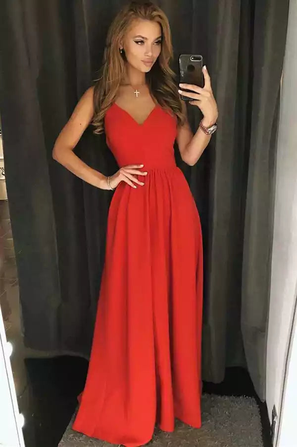 Bold Red Chiffon A-Line Gown with Plunge V-Neck & Open Back