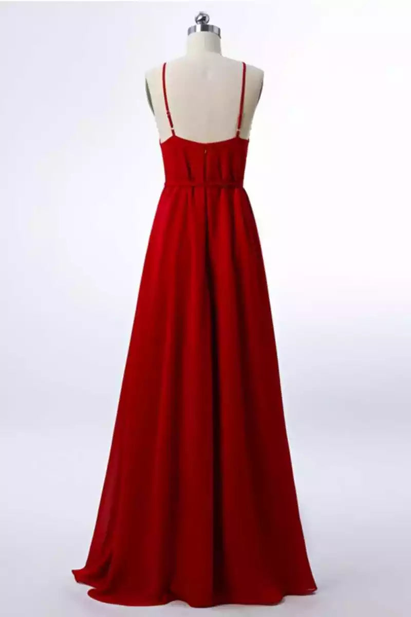 Bold Red Chiffon Halter A-Line Gown with High Slit & Self-Tie Waist