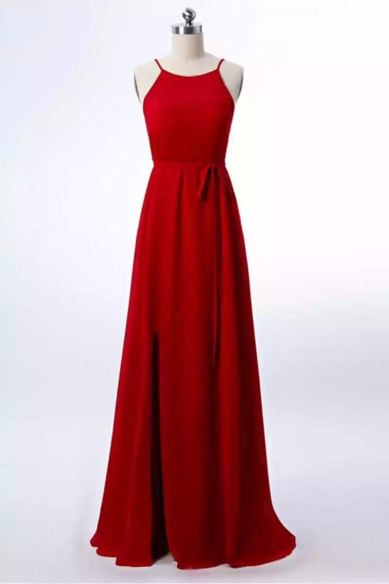 Bold Red Chiffon Halter A-Line Gown with High Slit & Self-Tie Waist