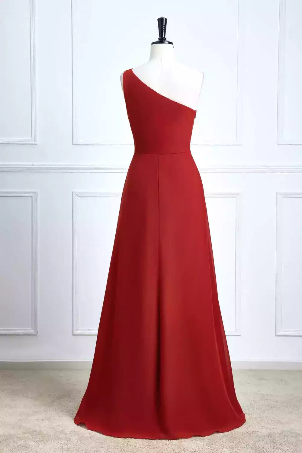 Bold Red Chiffon One-Shoulder A-Line Gown with High Slit
