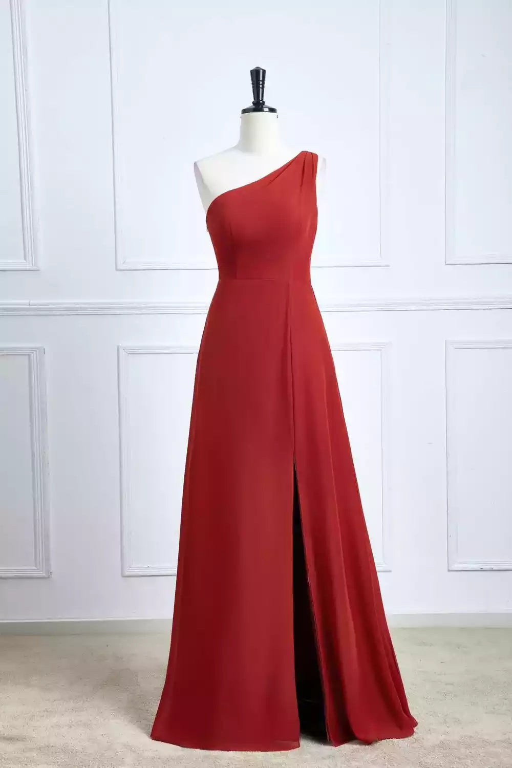 Bold Red Chiffon One-Shoulder A-Line Gown with High Slit