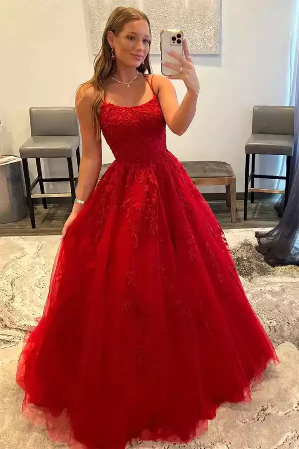 Bold Red Lace Ball Gown with Square Neck & Lace-Up Back