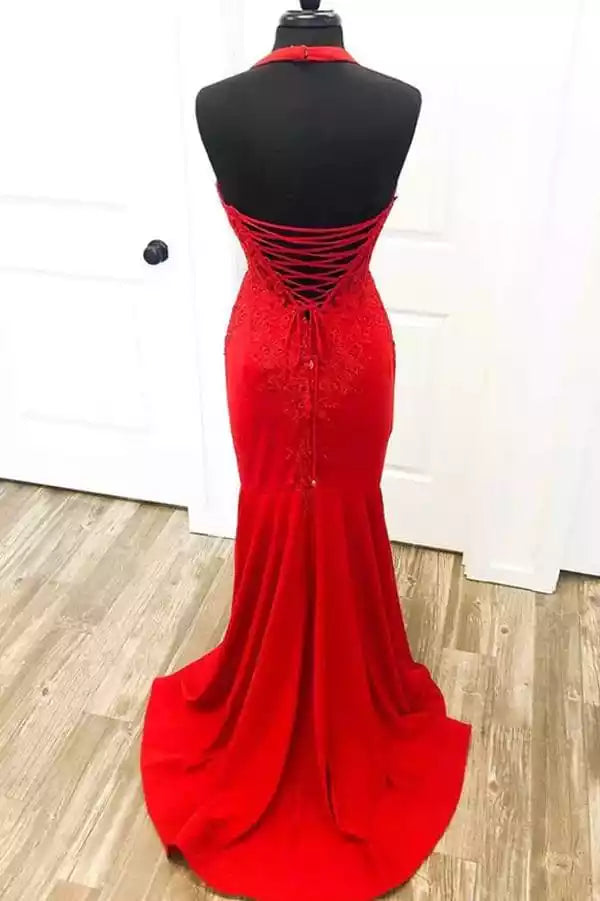 Bold Red Lace & Jersey Mermaid Gown with Halter Neck & Lace-Up Back