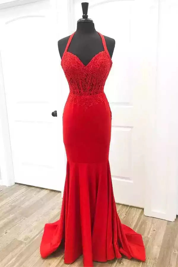 Bold Red Lace & Jersey Mermaid Gown with Halter Neck & Lace-Up Back