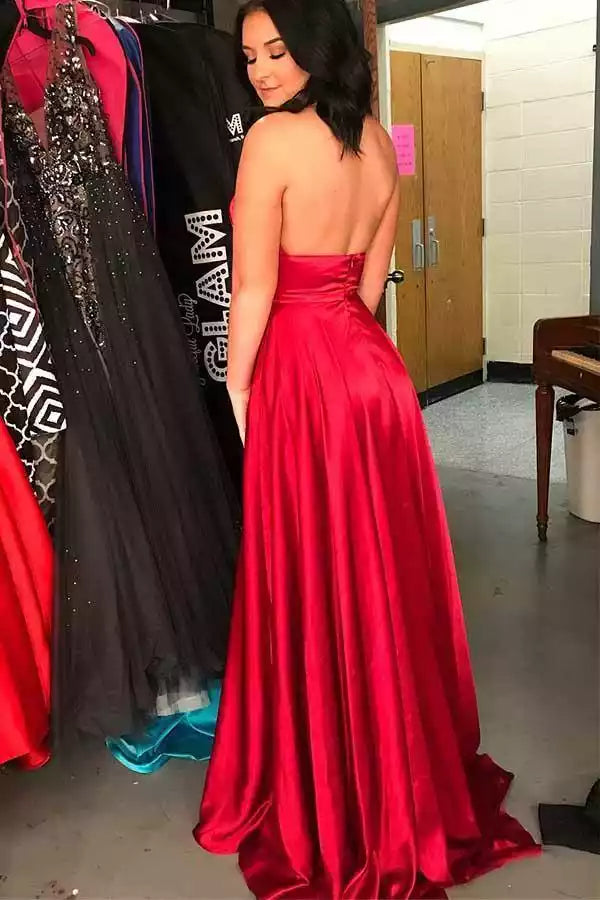 Bold Red Satin A-Line Gown with Halter Neck & Cutout Bodice