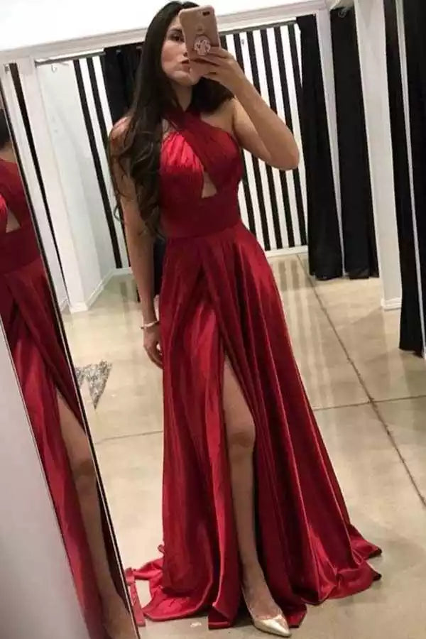 Bold Red Satin A-Line Gown with Halter Neck & Cutout Bodice