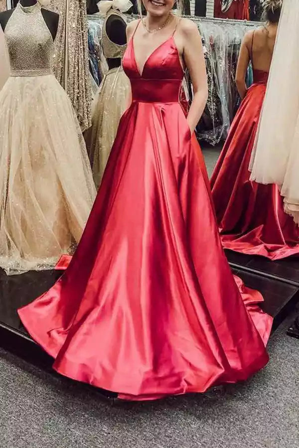 Bold Red Satin A-Line Gown with Plunge V-Neck & Open Back