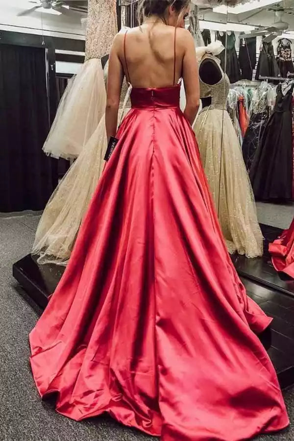 Bold Red Satin A-Line Gown with Plunge V-Neck & Open Back