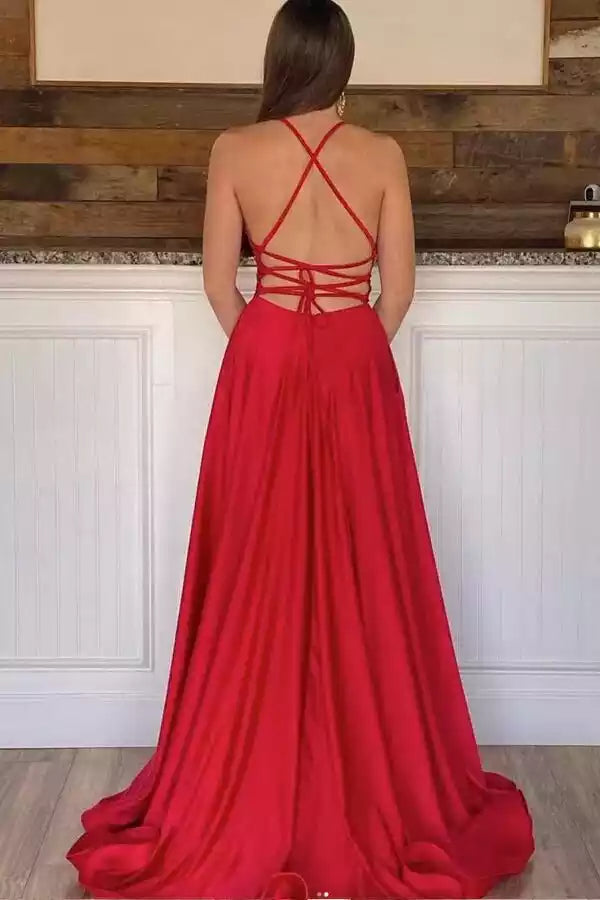Bold Red Satin A-Line Prom Gown with Halter Neck & Lace-Up Back