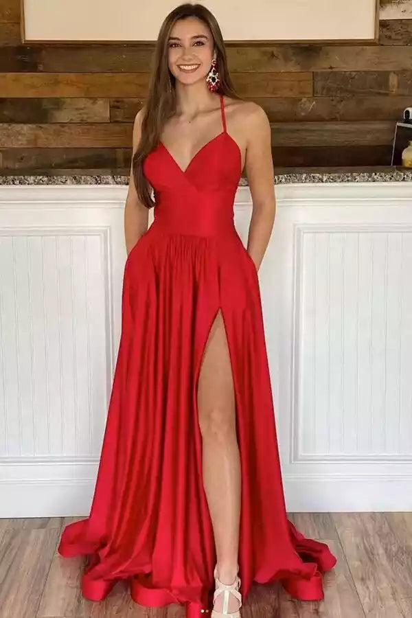 Bold Red Satin A-Line Prom Gown with Halter Neck & Lace-Up Back