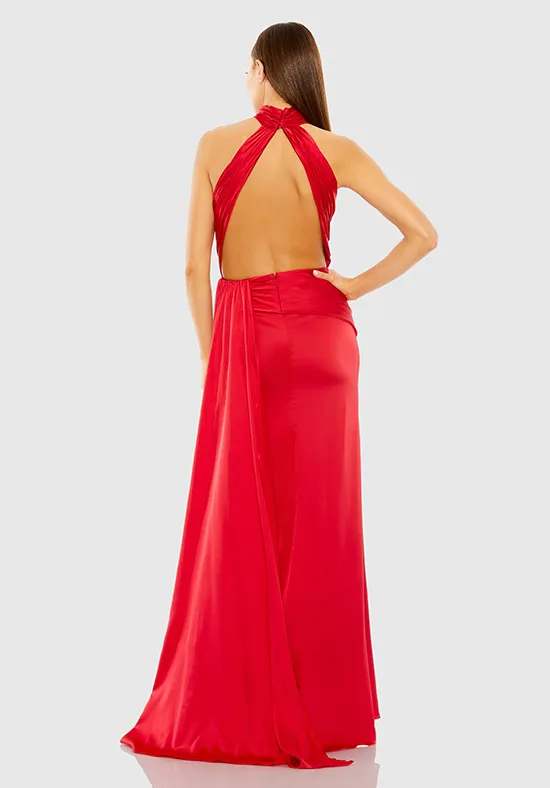 Bold Red Satin Halter-Neck Bridesmaid Dress with Knot Detail and Slit