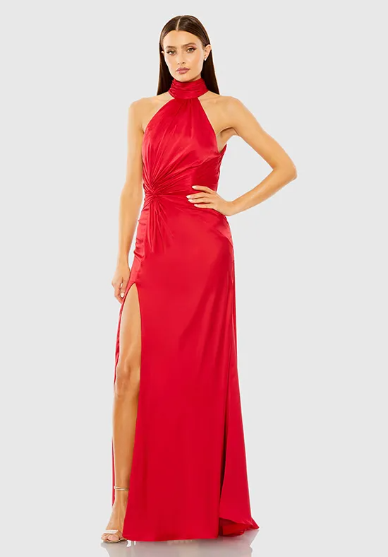 Bold Red Satin Halter-Neck Bridesmaid Dress with Knot Detail and Slit