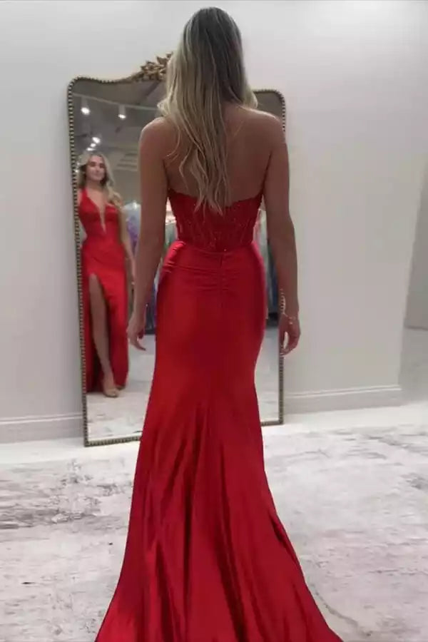 Bold Red Satin Mermaid Gown with Halter Lace Bodice & High Slit