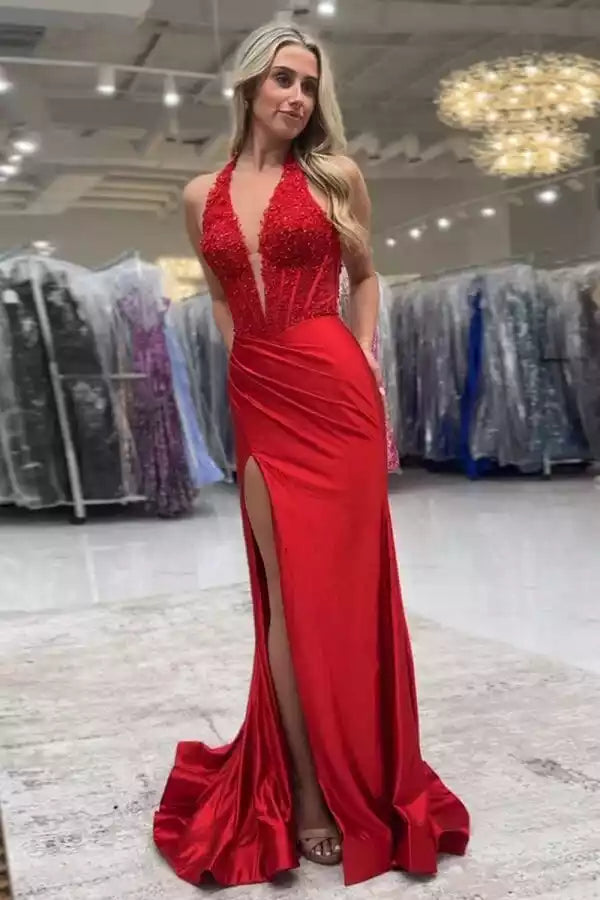 Bold Red Satin Mermaid Gown with Halter Lace Bodice & High Slit