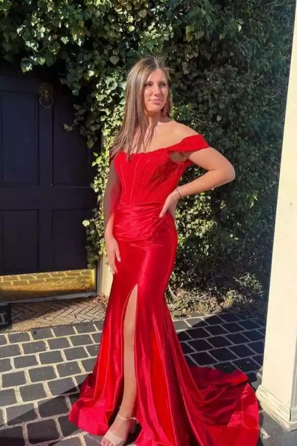 Bold Red Satin Mermaid Gown with Off-the-Shoulder Lace Bodice & High Slit