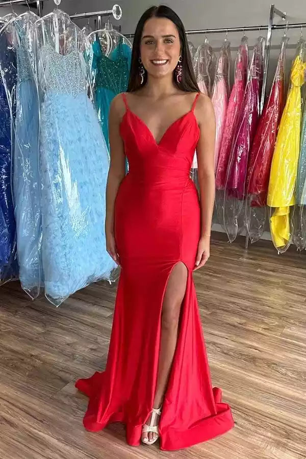 Bold Red Satin Mermaid Gown with Plunge V-Neck & Open Back